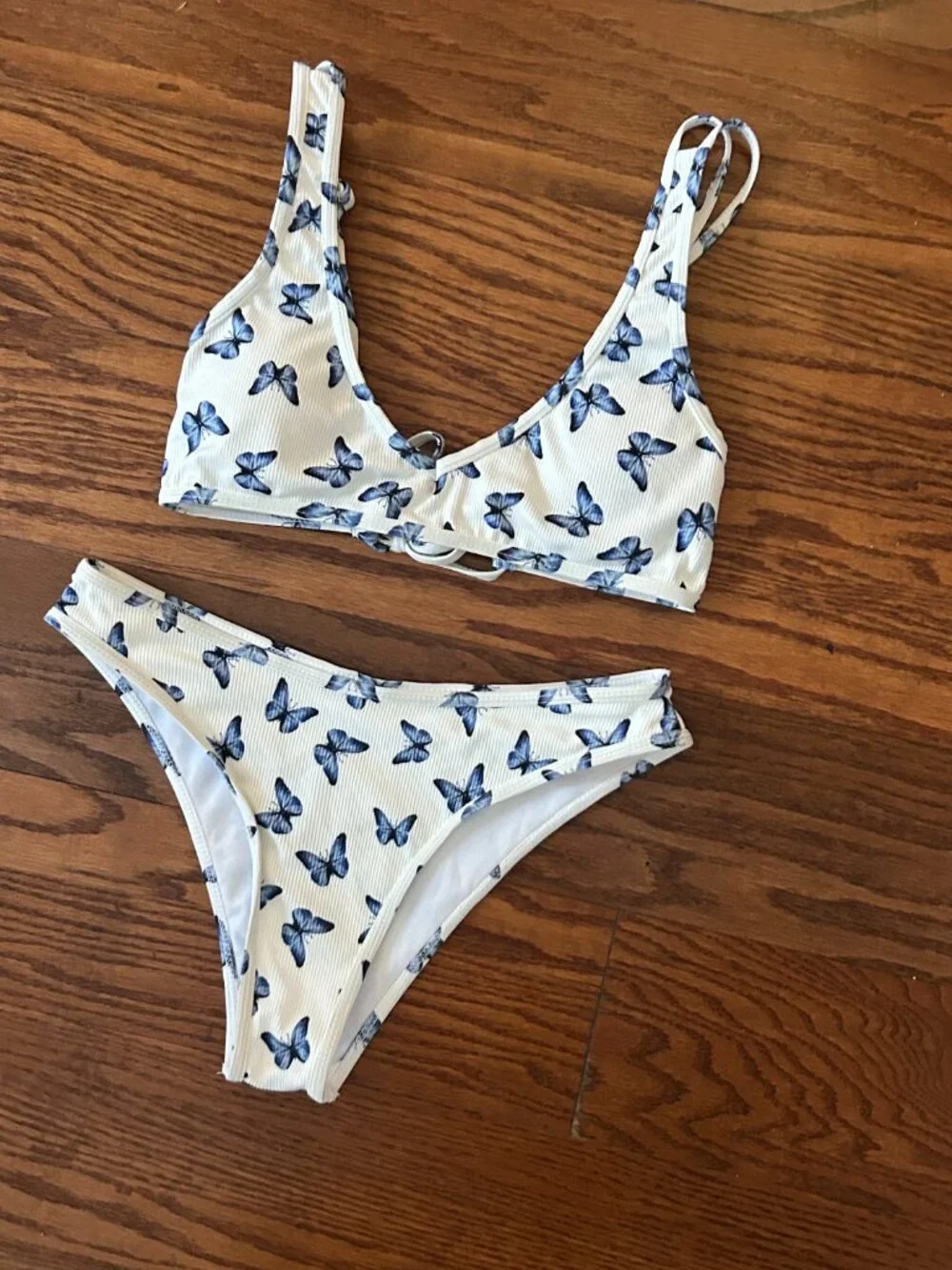 Blue Butterfly Print Matching Bikini Set Size Small Ribbed High-cut Bottoms